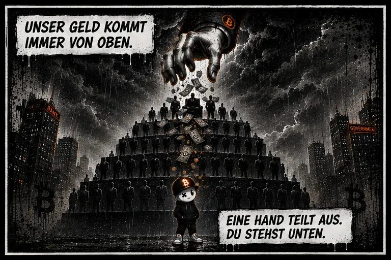 Eine riesige Hand greift aus Gewitterwolken herab und lässt Geldscheine auf eine Pyramide aus Anzugträgern fallen, ganz unten steht Pete allein zwischen Hochhäusern mit den Schriftzügen „Bank“ und „Government“. Text: „Unser Geld kommt immer von oben.“ und „Eine Hand teilt aus. Du stehst unten.“