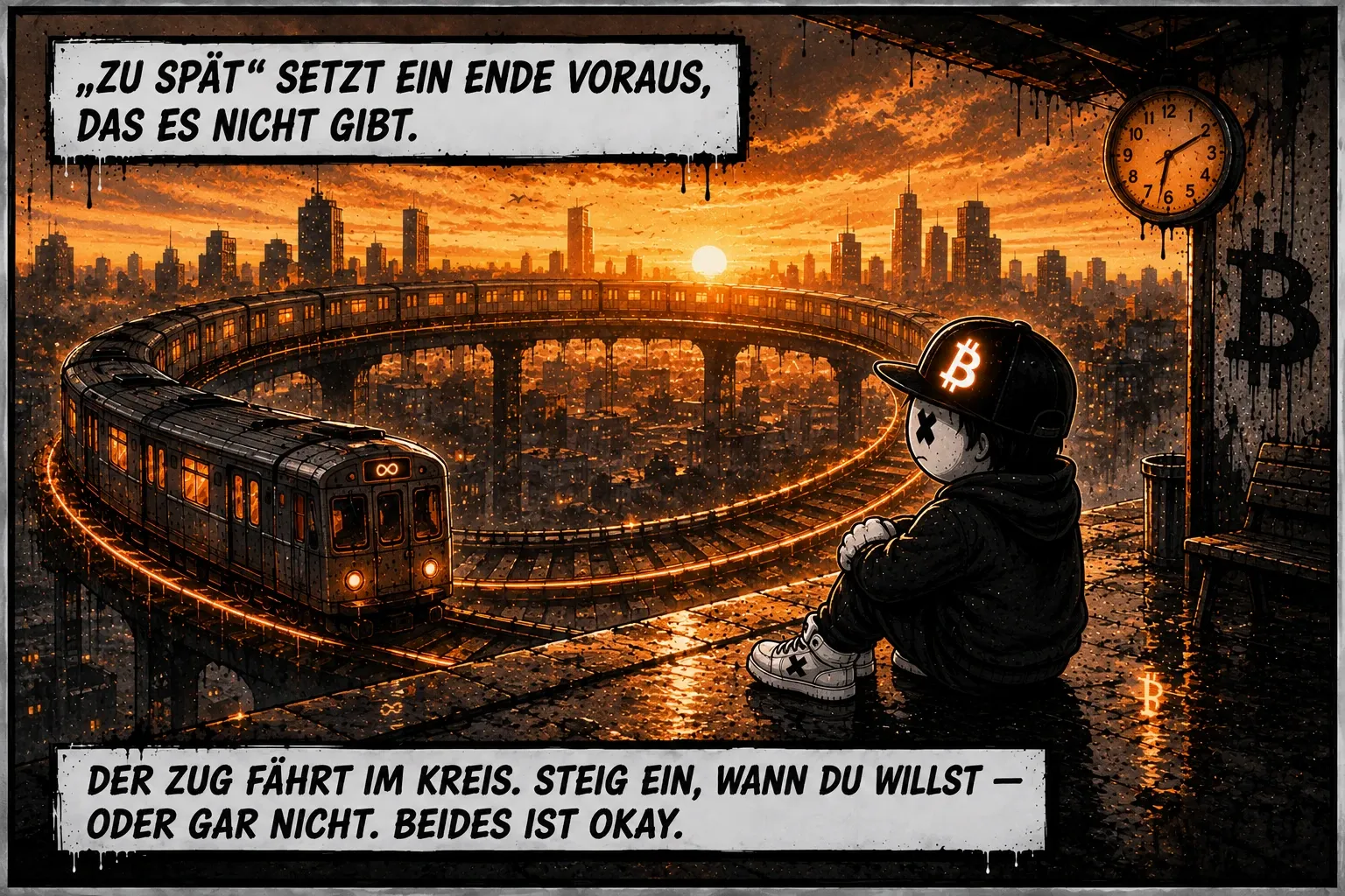 Pete sitzt bei Sonnenuntergang am Bahnsteig, der Zug zieht seine Kreisbahn über der Stadt