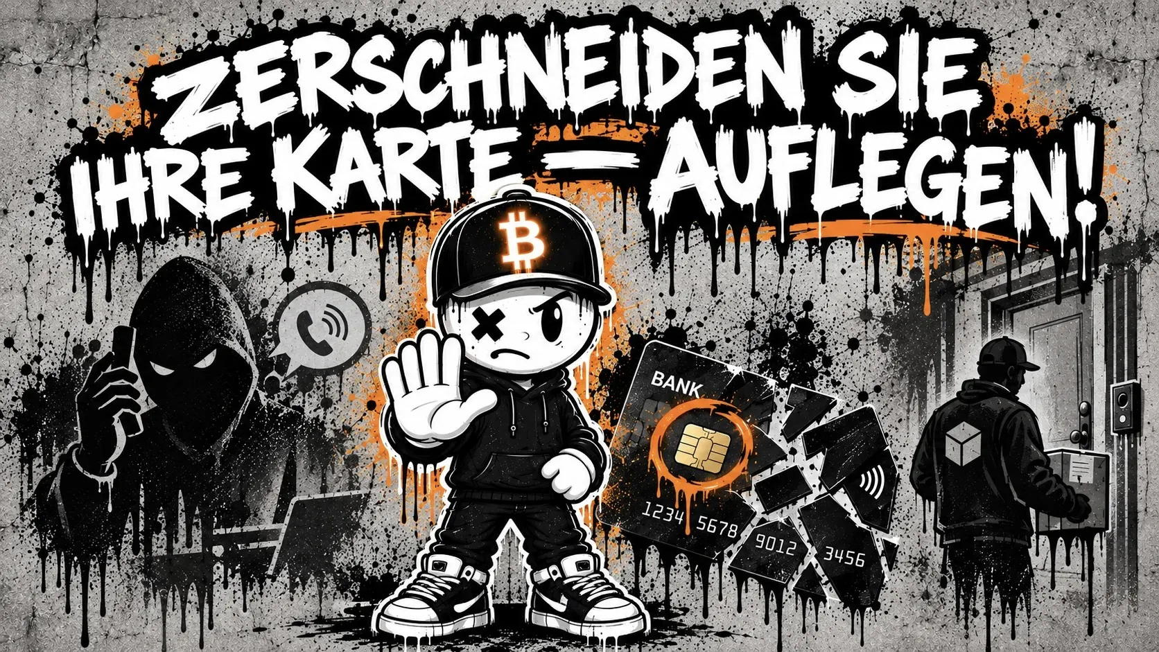Pete mit Bitcoin-Cap hebt abwehrend die Hand, links eine Kapuzengestalt am Telefon, in der Mitte eine zerschnittene Bankkarte mit unbeschädigtem Chip, rechts ein Bote mit Paket an einer Wohnungstür — Graffiti-Schriftzug „Zerschneiden Sie ihre Karte — Auflegen!“