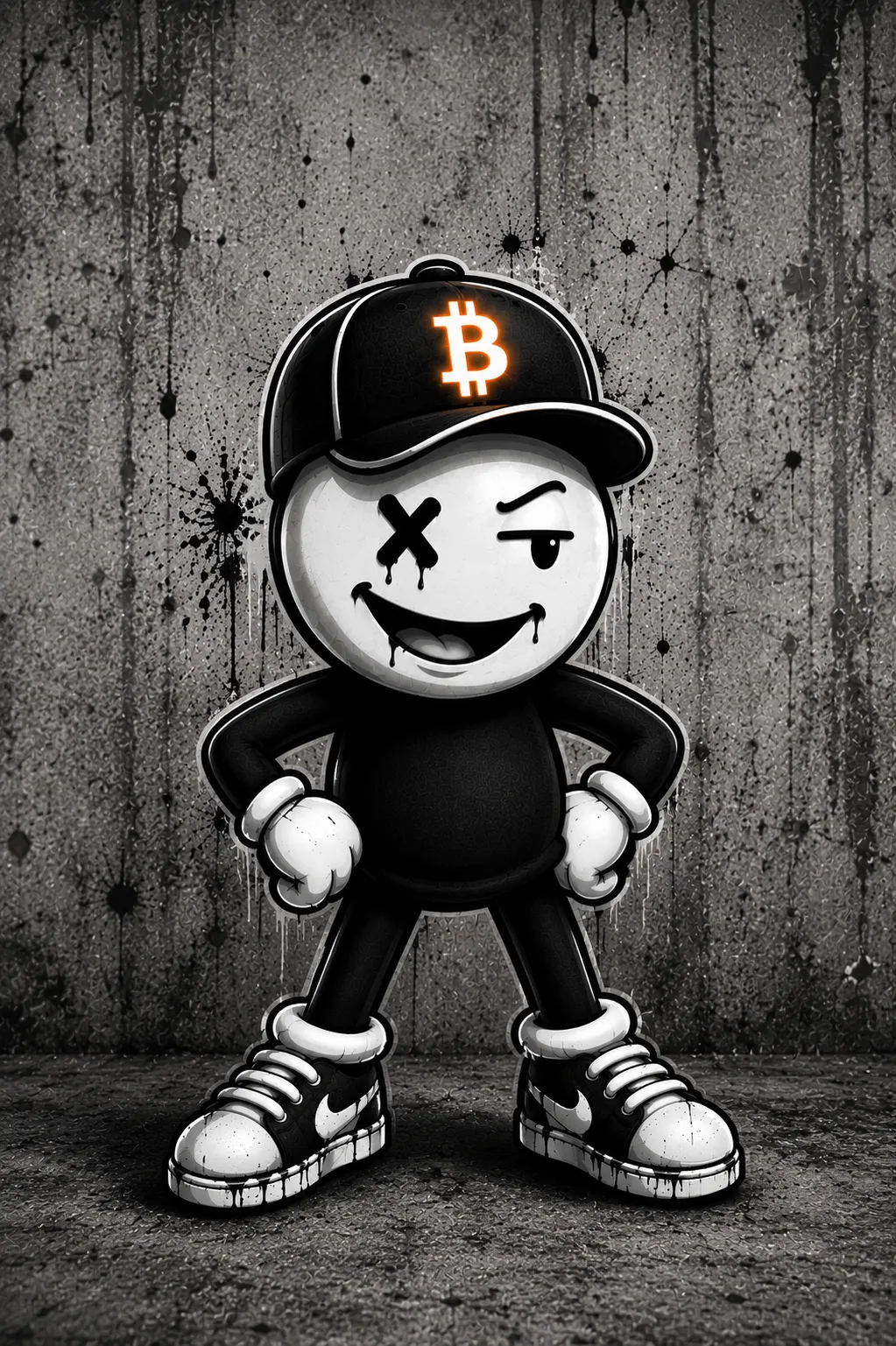 Bit & Bullshit Maskottchen zwinkert selbstbewusst mit Händen in den Hüften — Bitcoin-Denkfehler Teil 2