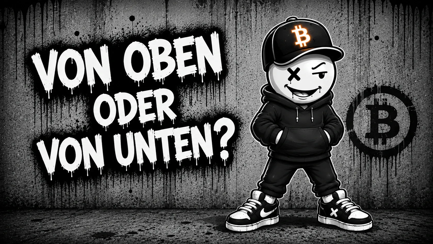 Pete steht zwinkernd mit den Händen in den Taschen, rechts hinter ihm ein gesprühtes Bitcoin-Zeichen — links der Schriftzug „Von oben oder von unten?“