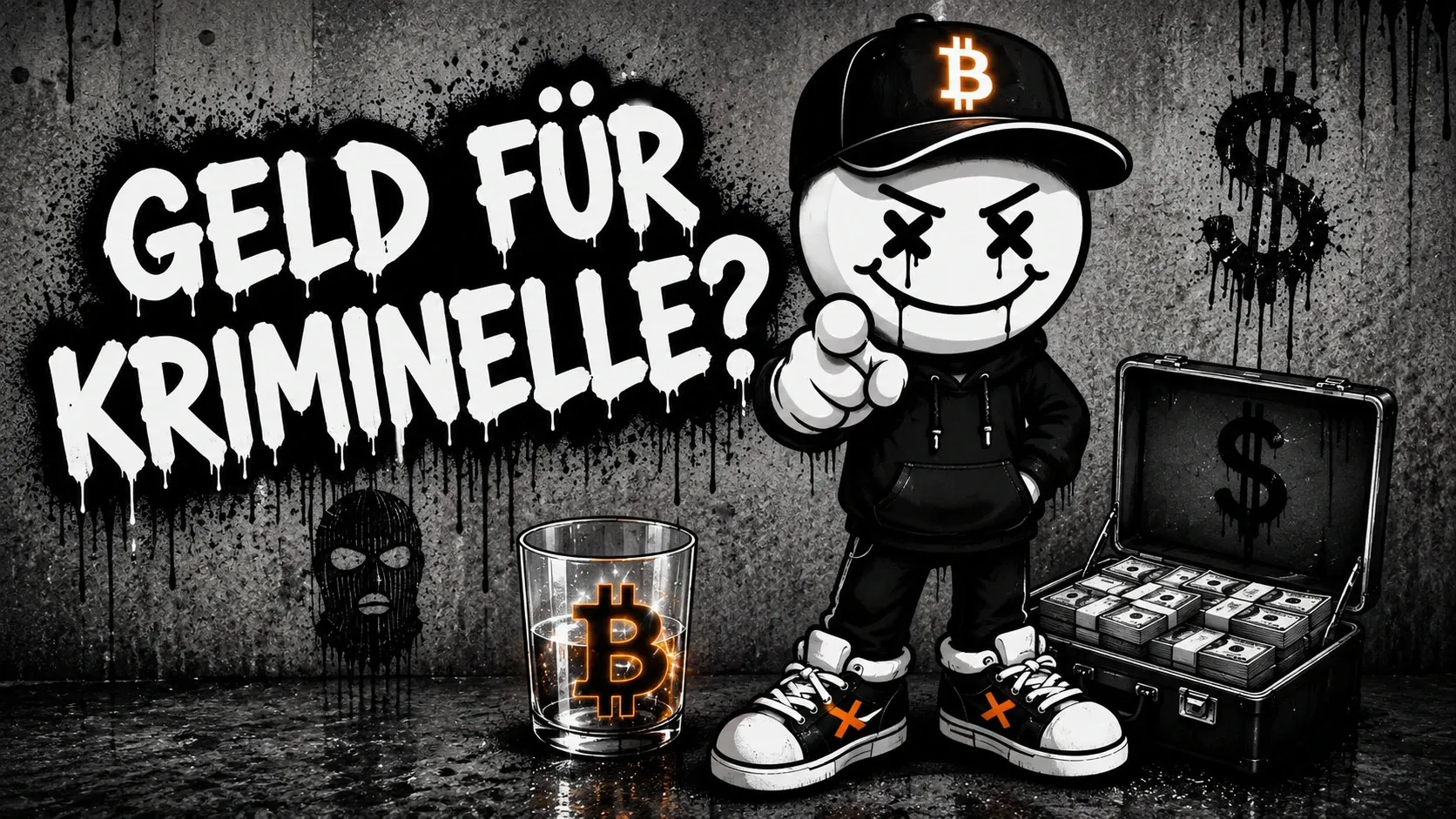 Pete zeigt auf den Betrachter, rechts neben ihm ein offener Koffer voller Geldbündel, links ein Glas mit leuchtendem Bitcoin-Zeichen und ein Sturmhauben-Graffiti — darüber der Schriftzug „Geld für Kriminelle?“