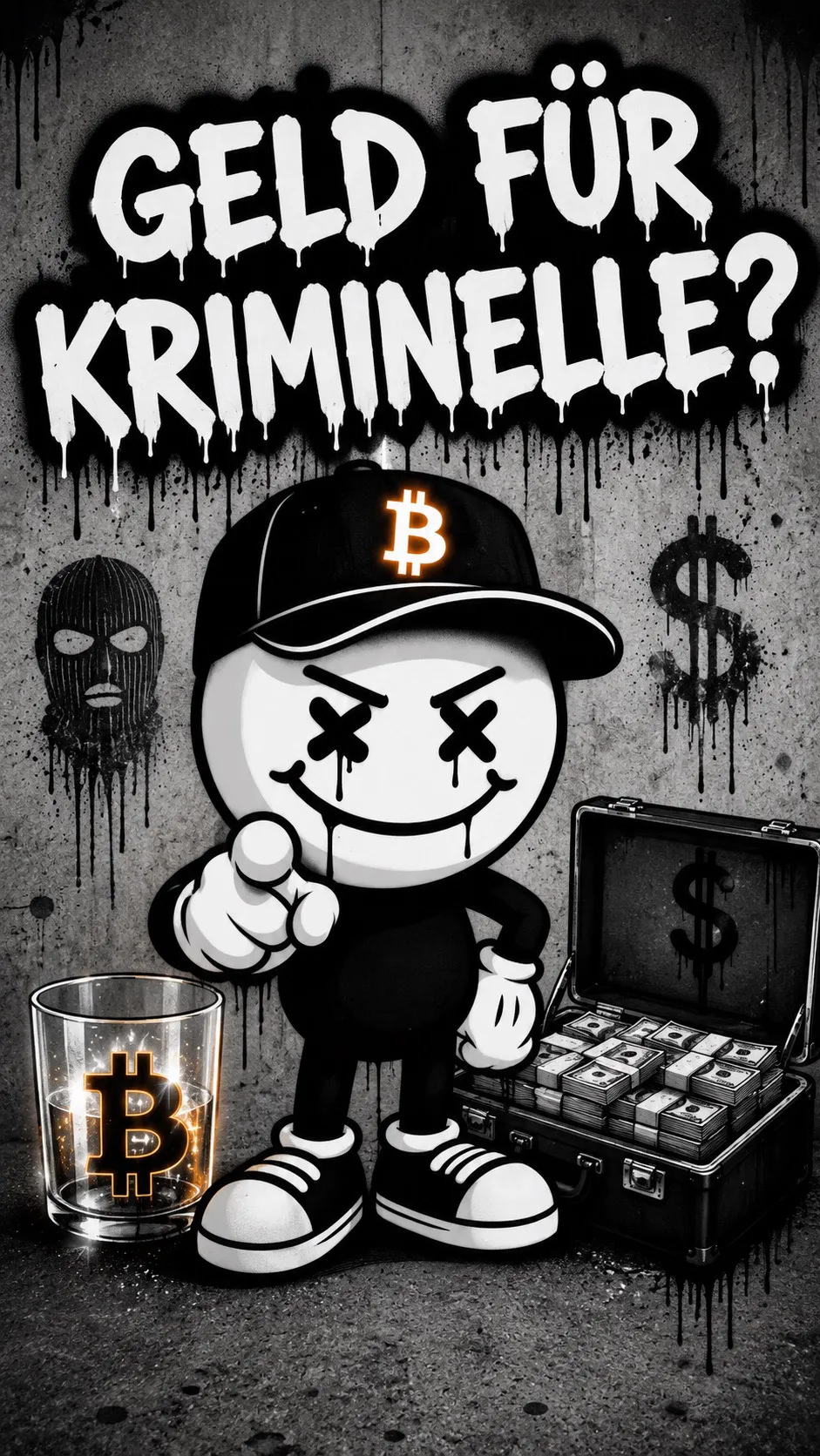 Bit & Bullshit Maskottchen zeigt auf einen Bargeld-Koffer neben Sturmhauben-Graffiti — Bitcoin oder Bargeld?