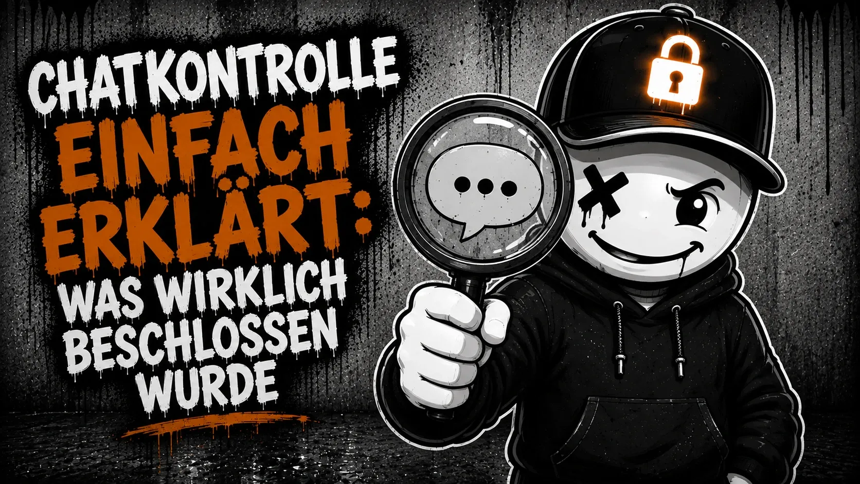 Pete hält eine große Lupe vor sich, unter der eine Sprechblase mit drei Punkten liegt; auf der Kappe leuchtet ein geschlossenes Vorhängeschloss — links der Schriftzug „Chatkontrolle einfach erklärt: Was wirklich beschlossen wurde“