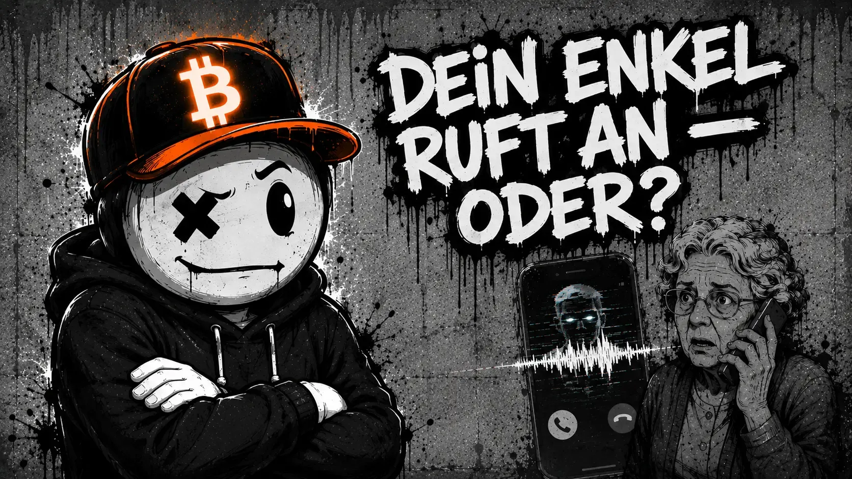 Pete mit Bitcoin-Cap steht mit verschränkten Armen vor einer Betonwand, rechts hält eine ältere Frau erschrocken ein Telefon ans Ohr, auf dem Bildschirm ein glitchendes Gesicht mit Tonwelle — Graffiti-Schriftzug „Dein Enkel ruft an — oder?“