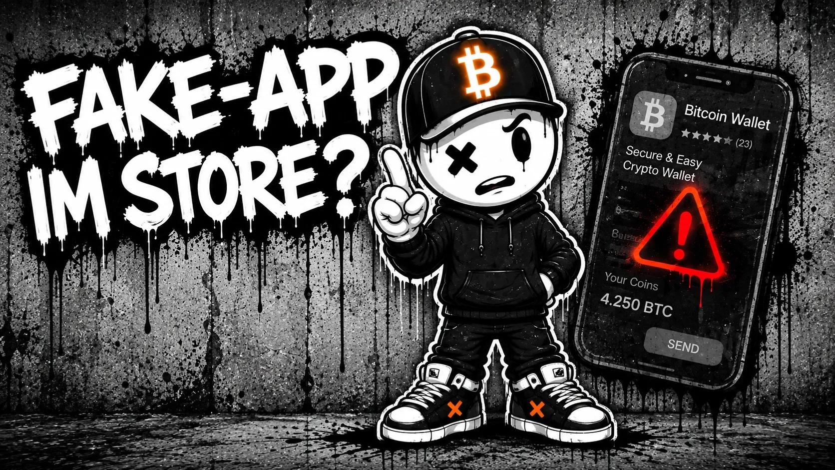 Pete mit erhobenem Zeigefinger, rechts daneben ein Smartphone mit einer gefälschten „Bitcoin Wallet“-App: Vier-Sterne-Bewertung, rotes Warndreieck über dem Guthaben und ein Senden-Knopf — links der gesprühte Schriftzug „Fake-App im Store?“