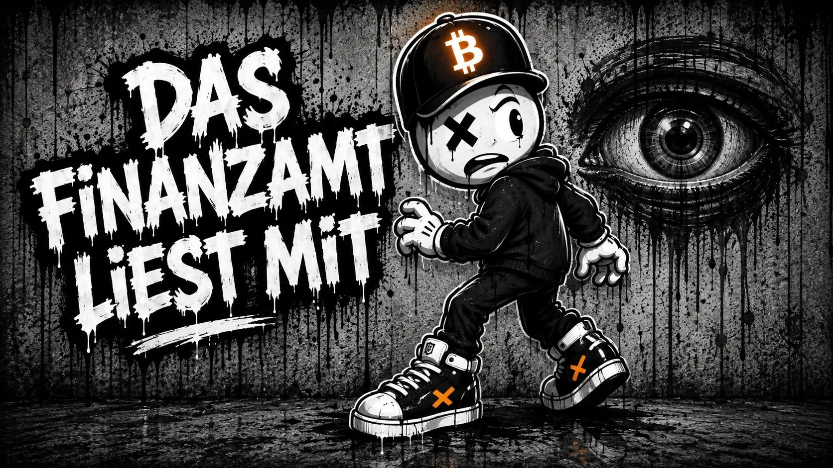 Pete schleicht davon und blickt über die Schulter, rechts hinter ihm ein großes an die Wand gemaltes Auge — links der gesprühte Schriftzug „Das Finanzamt liest mit“
