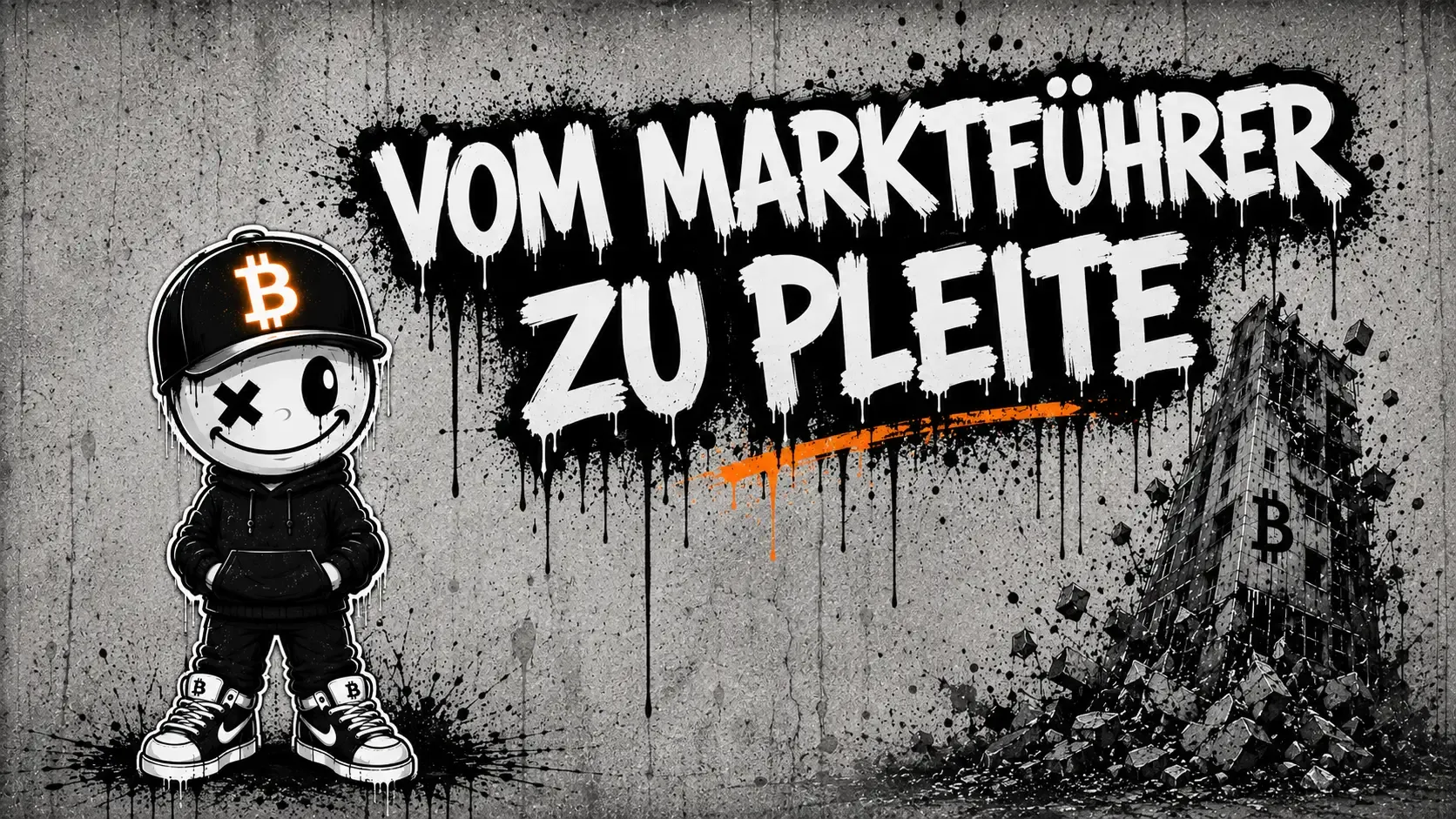 Pete mit Bitcoin-Cap steht mit den Händen in den Hoodie-Taschen vor einer Betonwand, rechts stürzt ein Hochhaus mit Bitcoin-Zeichen in sich zusammen — Graffiti-Schriftzug „Vom Marktführer zu Pleite“