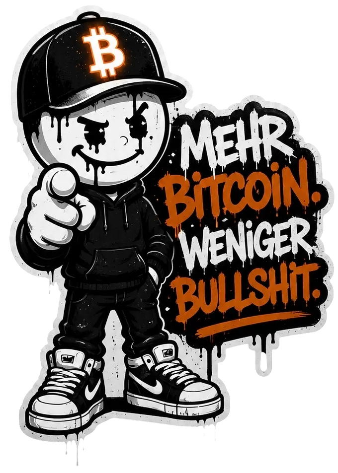 Bit & Bullshit Maskottchen zeigt auf dich mit Graffiti-Claim „Mehr Bitcoin. Weniger Bullshit.“