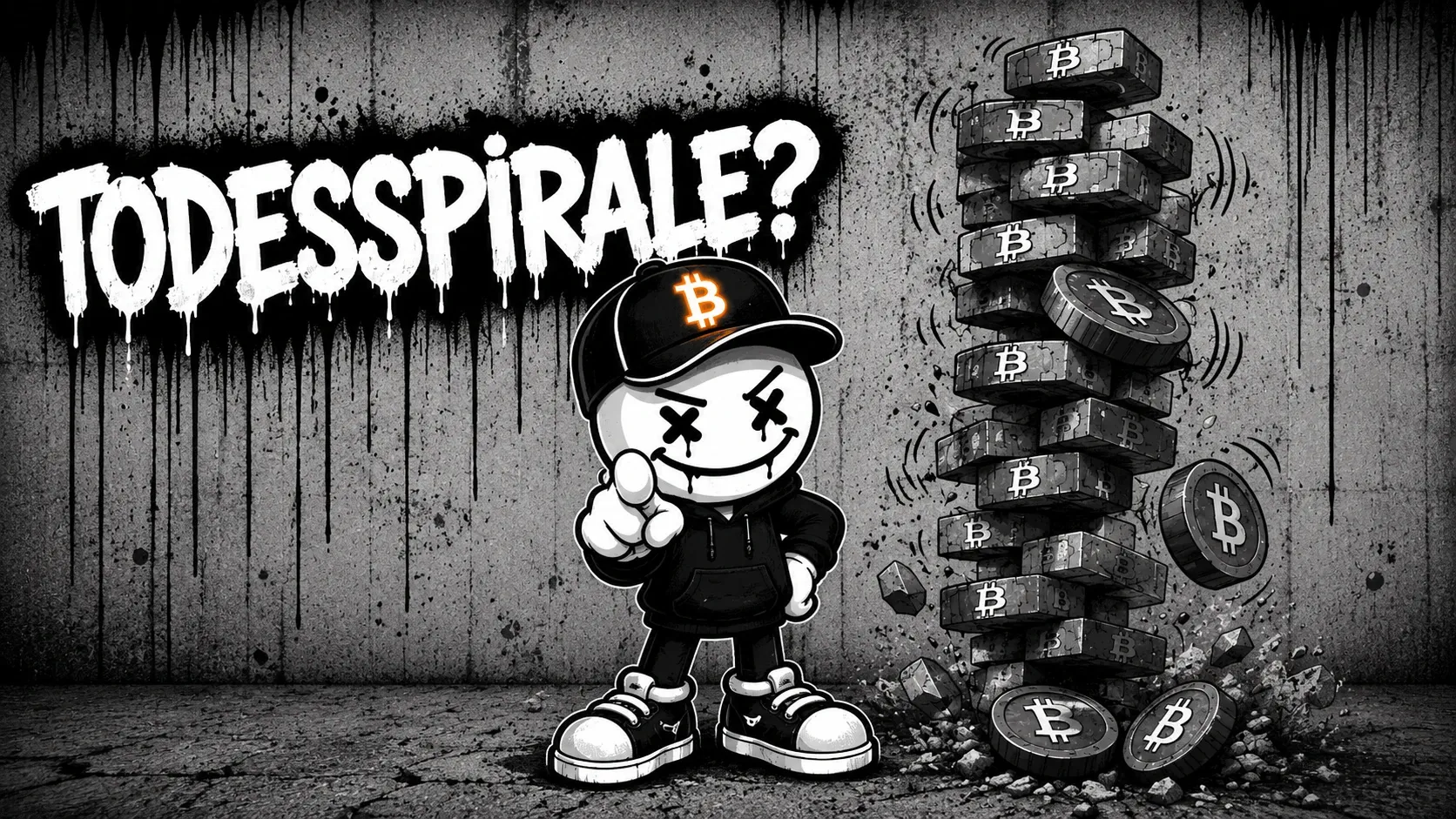 Pete zeigt auf den Betrachter, rechts hinter ihm ein schwankender Turm aus Bitcoin-Klötzen, von dem bereits Münzen und Trümmer herunterfallen — links der gesprühte Schriftzug „Todesspirale?“