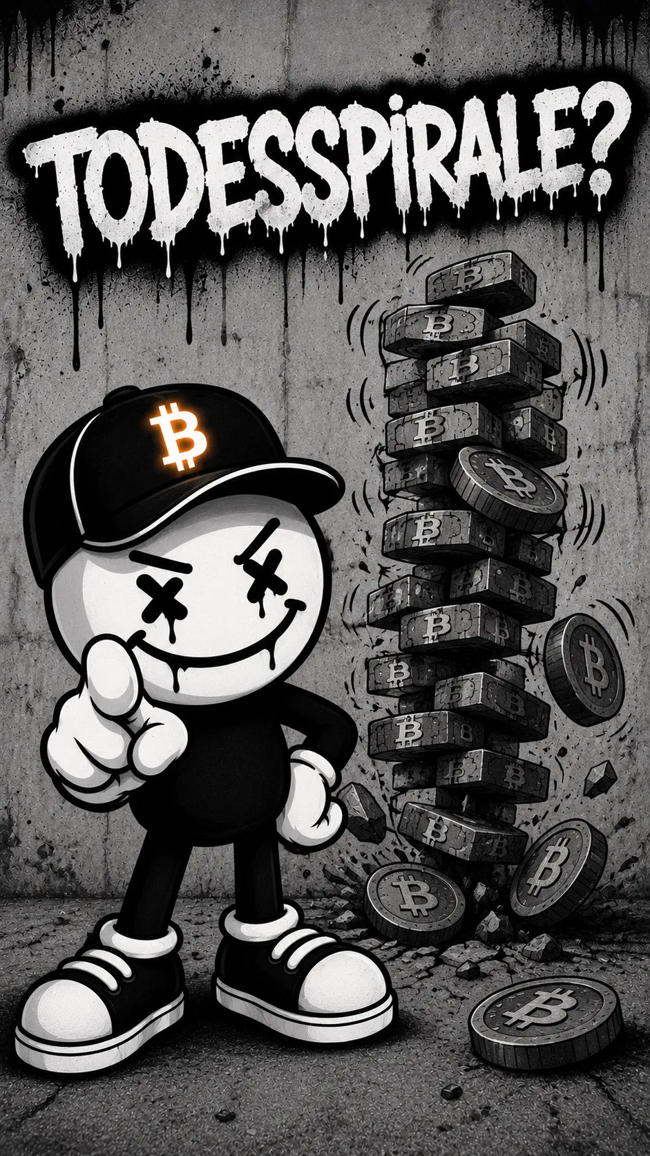 Bit & Bullshit Maskottchen zeigt auf einen kippenden Bitcoin-Jenga-Turm mit Schriftzug „Todesspirale?“
