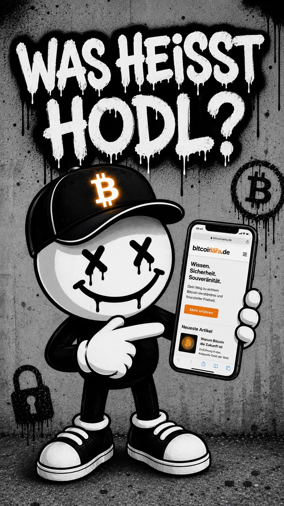 Bit & Bullshit Maskottchen zeigt Handy mit bitcoinaera.de unter dem Graffiti-Schriftzug „Was heißt HODL?“