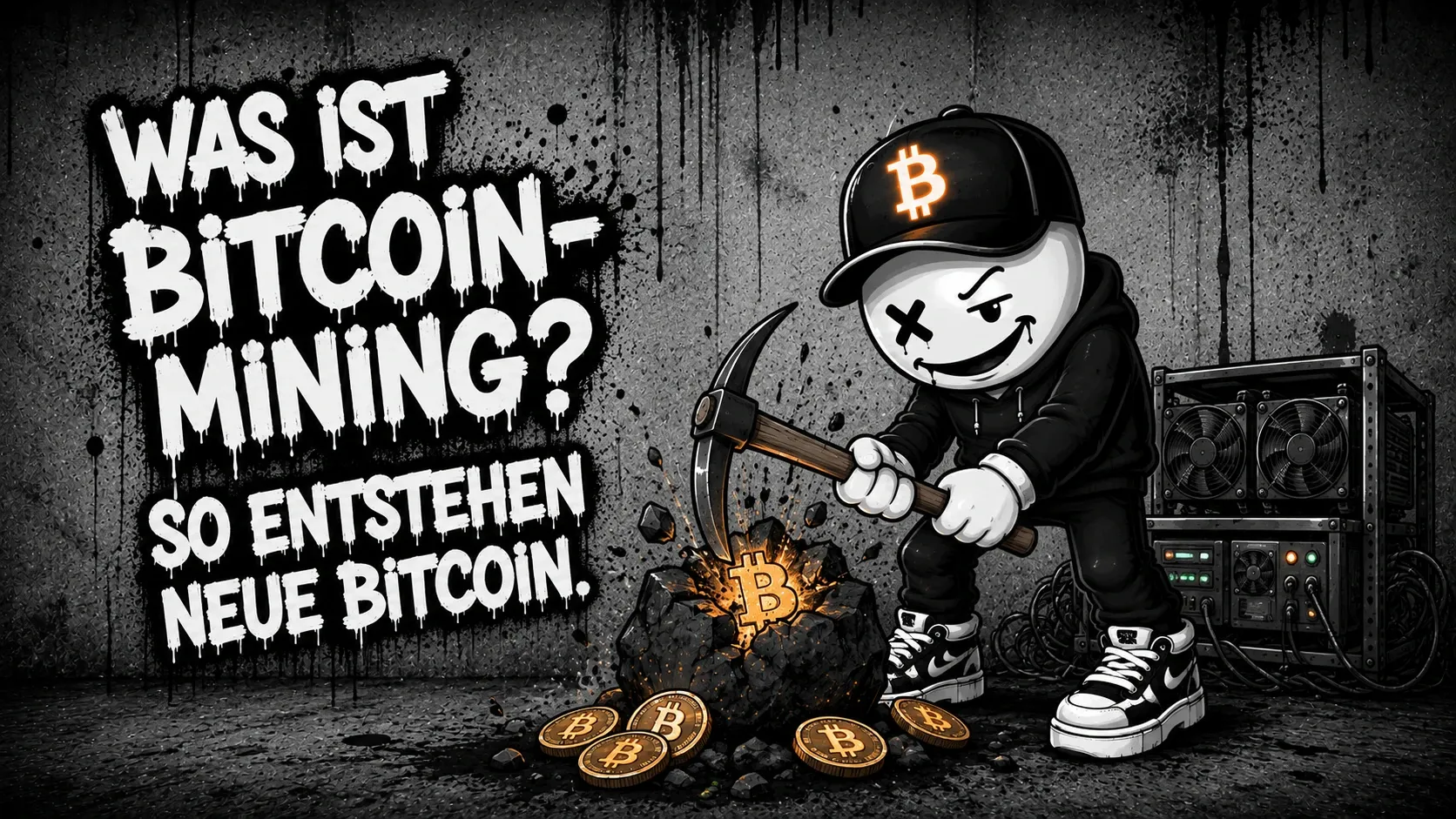 Pete schlägt mit einer Spitzhacke auf einen Brocken, aus dem ein orangefarbenes Bitcoin-Zeichen bricht, daneben liegen Münzen und rechts steht ein Mining-Rechner mit Lüftern — links der Schriftzug „Was ist Bitcoin-Mining? So entstehen neue Bitcoin.“