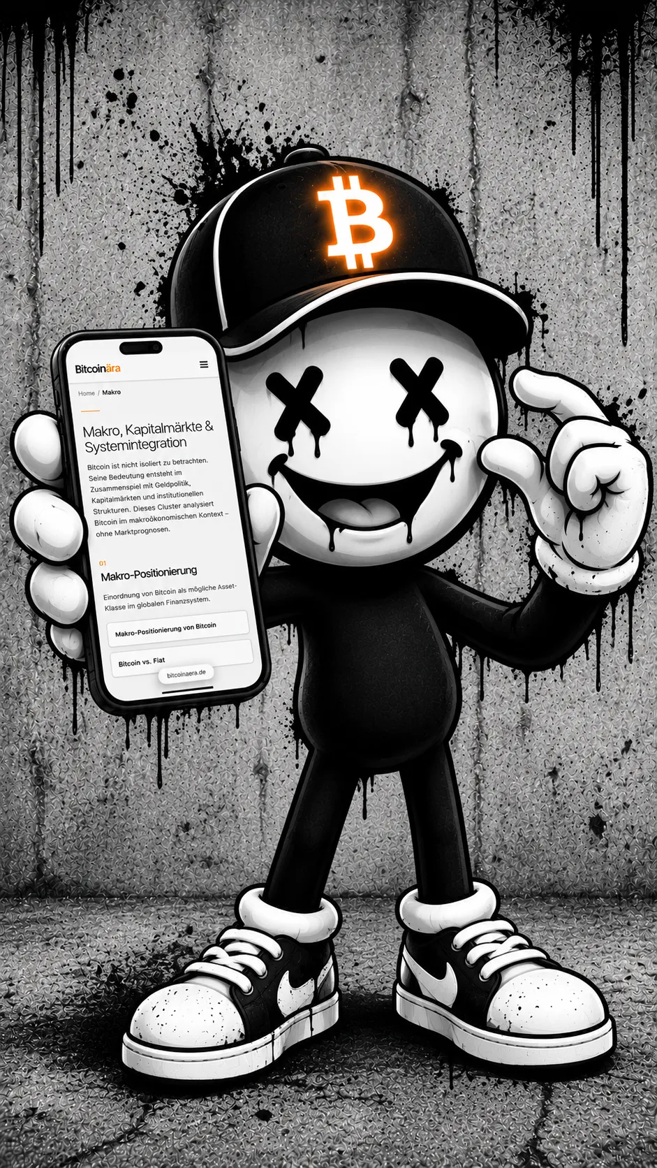 Bit & Bullshit Maskottchen hält Handy mit bitcoinaera.de hoch — schon mit wenig dabei